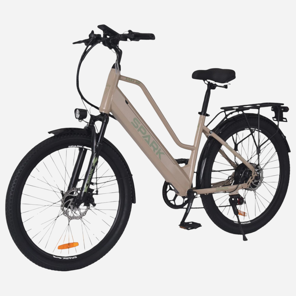 Електровелосипед Spark E-CITY EASY GO 26" — вигляд спереду-збоку, жорстка вилка, LED-фара, широкі покришки Spark