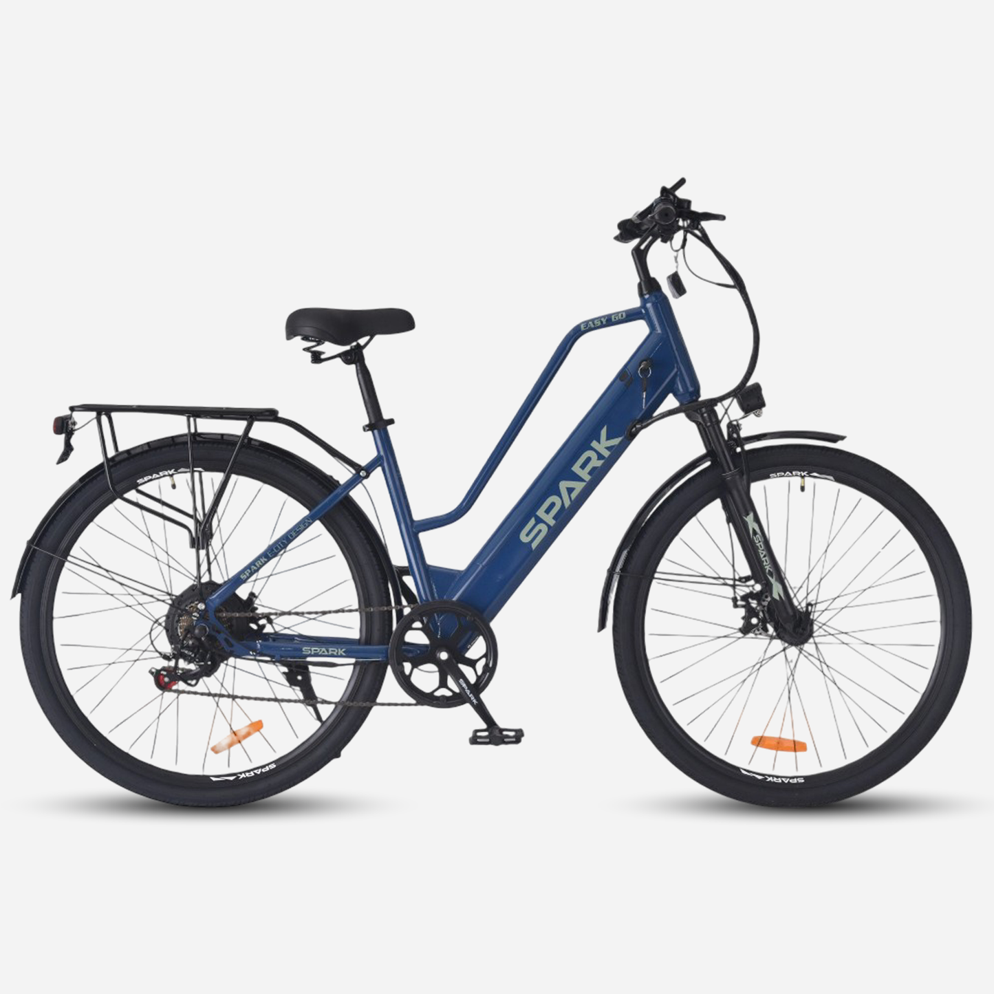 Електровелосипед Spark E-CITY EASY GO 28" сталева рама 18" — вигляд збоку справа, колір сіро-зелений матовий, з багажником та крилами