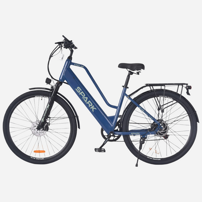 Електровелосипед Spark E-CITY EASY GO 28" — вигляд збоку зліва, синій, жорстка вилка, дискові гальма, підніжка