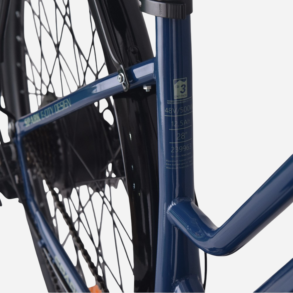 Spark E-CITY EASY GO 28" — технічна наклейка на рамі: 48V/500W, 12,5Ah, 28", SKU 239963