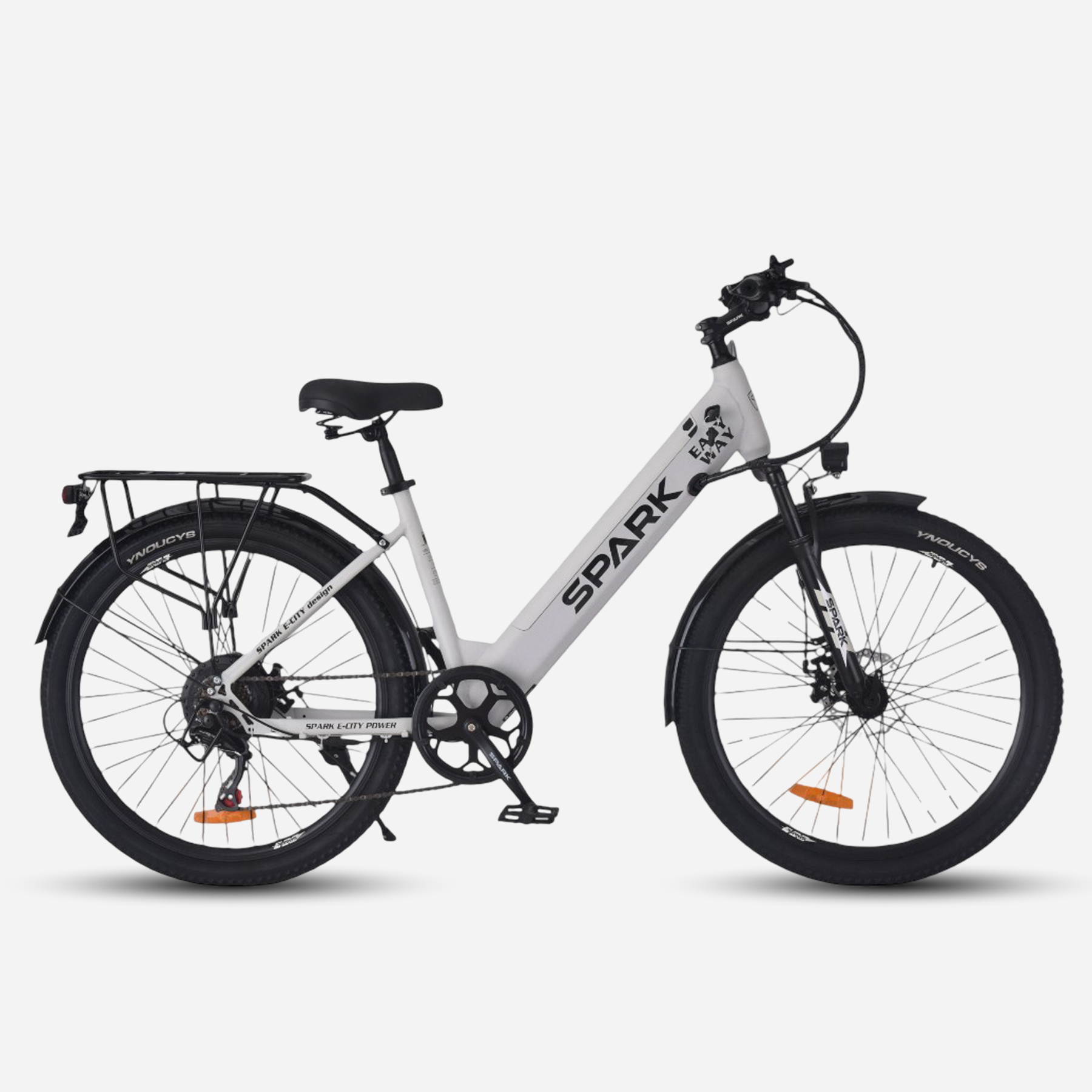 Електровелосипед Spark E-CITY EASY WAY 26" сталева рама 17" — вигляд збоку справа, колір сірий, з багажником та крилами