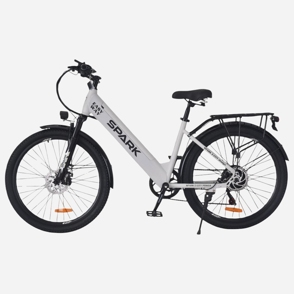 Електровелосипед Spark E-CITY EASY WAY 26" — вигляд збоку зліва, низька рама step-through, дискові гальма, підніжка