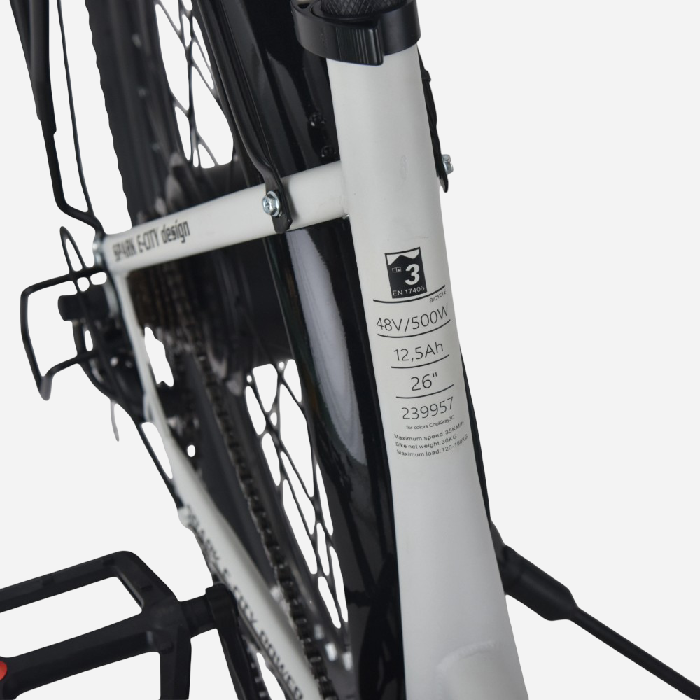 Spark E-CITY EASY WAY — технічна наклейка на рамі: 48V/500W, 12,5Ah, 26", сертифікат EN 17405