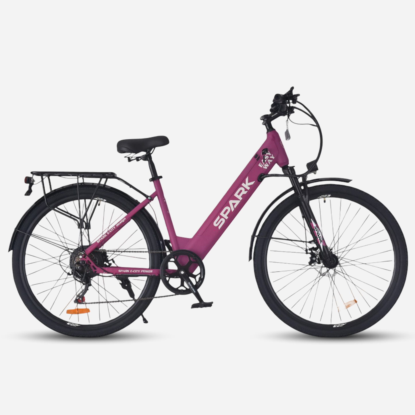 Електровелосипед Spark E-CITY EASY WAY 28" сталева рама 18" — вигляд збоку справа, колір рожево-фіолетовий матовий, з багажником та крилами