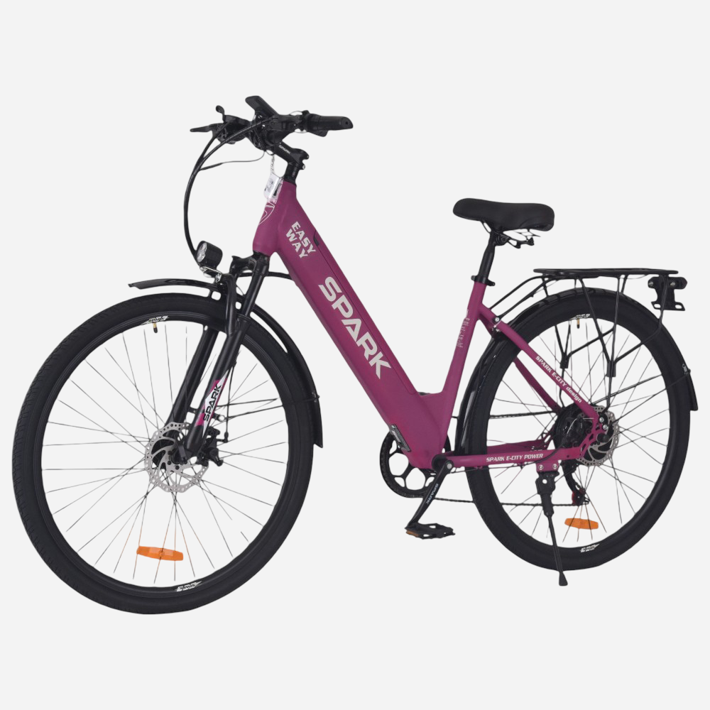Електровелосипед Spark E-CITY EASY WAY 28" — вигляд спереду-збоку, амортизаційна вилка Spark, LED-фара, дискове гальмо переднього колеса