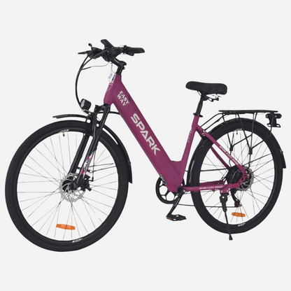 Електровелосипед Spark E-CITY EASY WAY 28" — вигляд спереду-збоку, амортизаційна вилка Spark, LED-фара, дискове гальмо переднього колеса