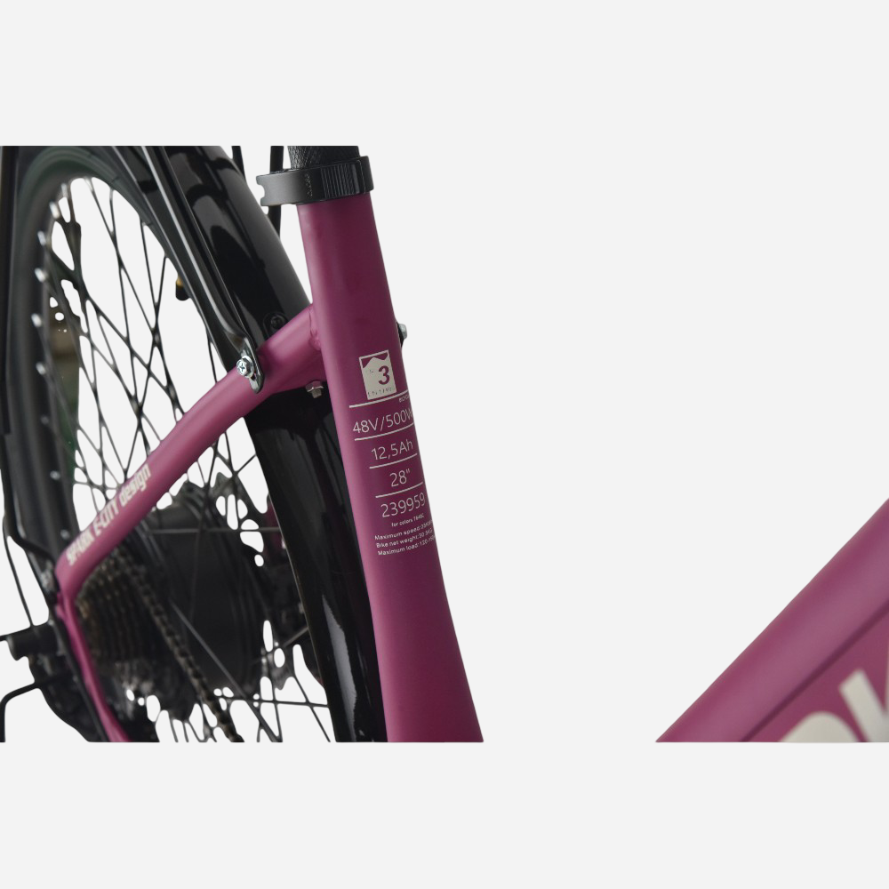 Spark E-CITY EASY WAY 28" — технічна наклейка на рамі: 48V/500W, 12,5Ah, 28", SKU 239959