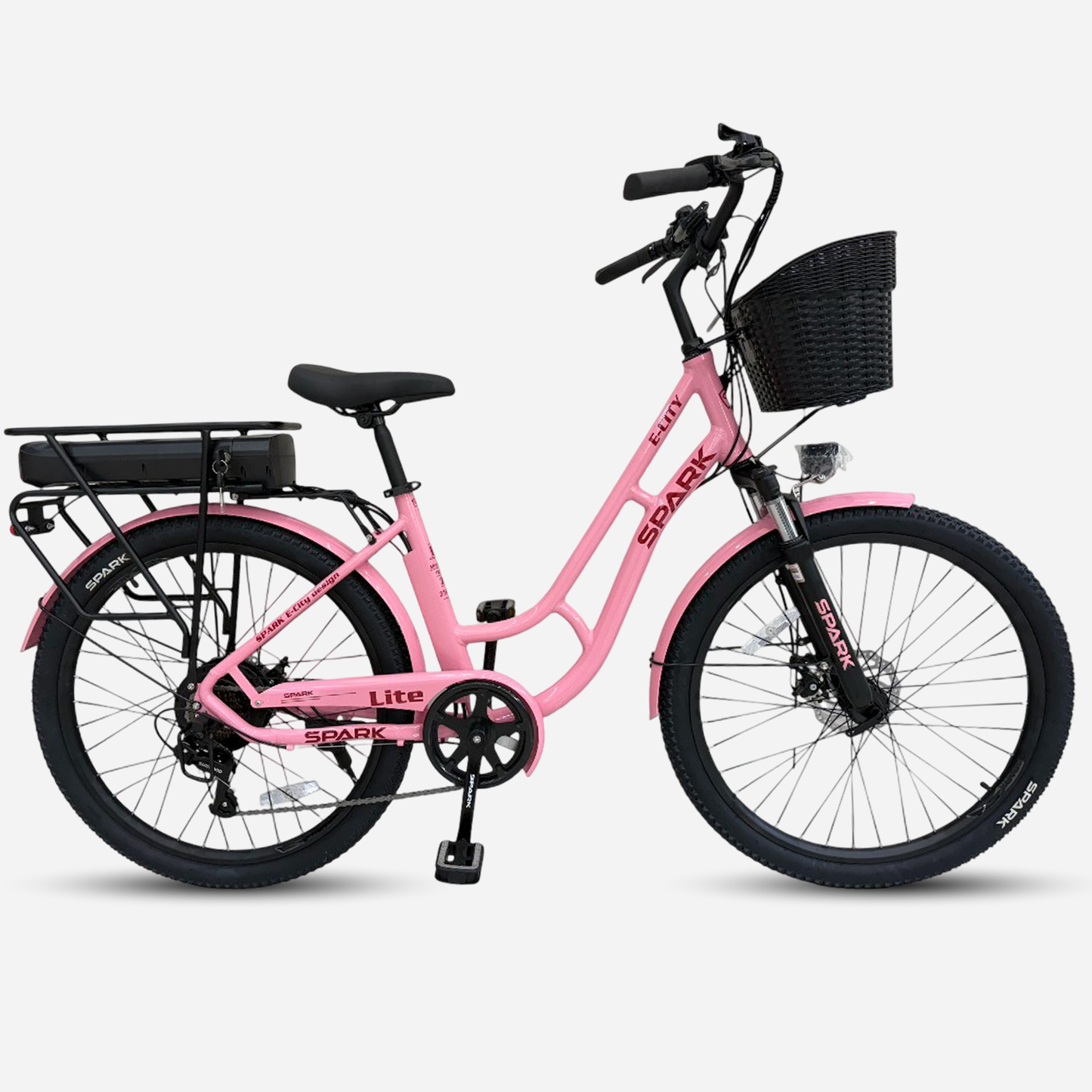 Електровелосипед Spark E-CITY LITE 26" алюмінієва рама 17" — вигляд збоку справа, колір рожевий, акумулятор на багажнику, кошик спереду