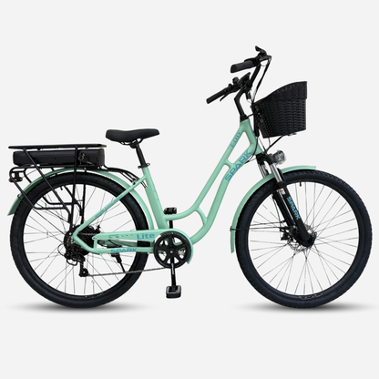Міський електровелосипед Spark E-CITY LITE 28" м'ятного кольору — вид збоку, акумулятор на багажнику, передній кошик