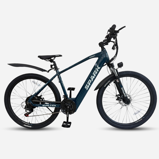Гірський електровелосипед Spark E-MTB GHOST 27.5" темно-синій — вид збоку, акумулятор у рамі, крила, дискові гальма