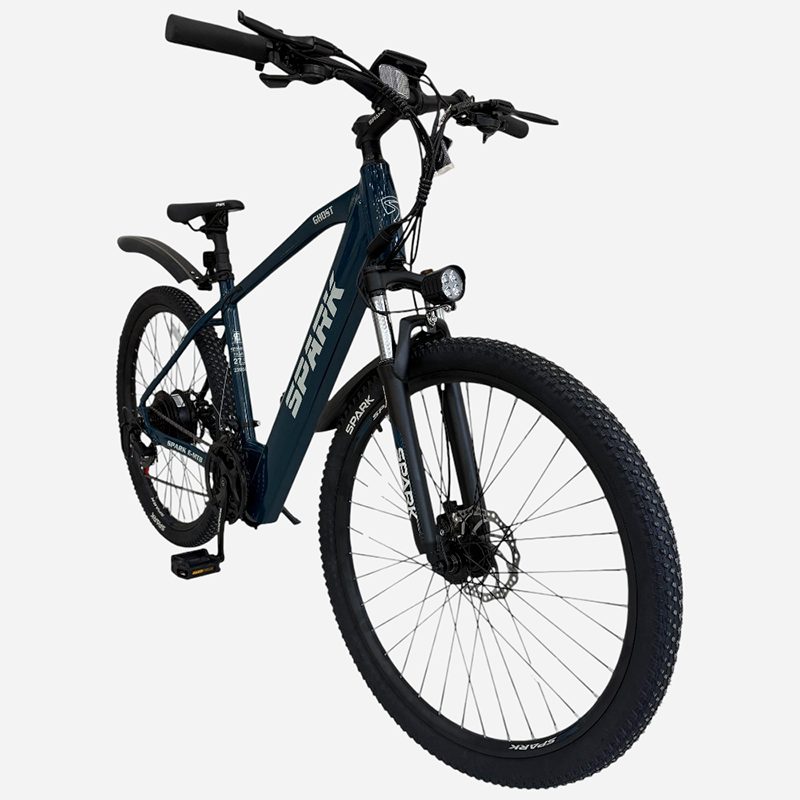 Гірський електровелосипед Spark E-MTB GHOST 27.5" — вид спереду, LED-фара, амортизаційна вилка, дискове гальмо
