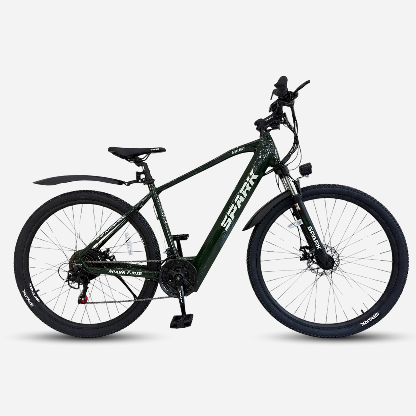 Гірський електровелосипед Spark E-MTB GHOST 29" темно-зелений — вид збоку, акумулятор у рамі, крила, дискові гальма