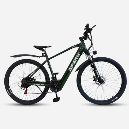 Гірський електровелосипед Spark E-MTB GHOST 29" темно-зелений — вид збоку, акумулятор у рамі, крила, дискові гальма