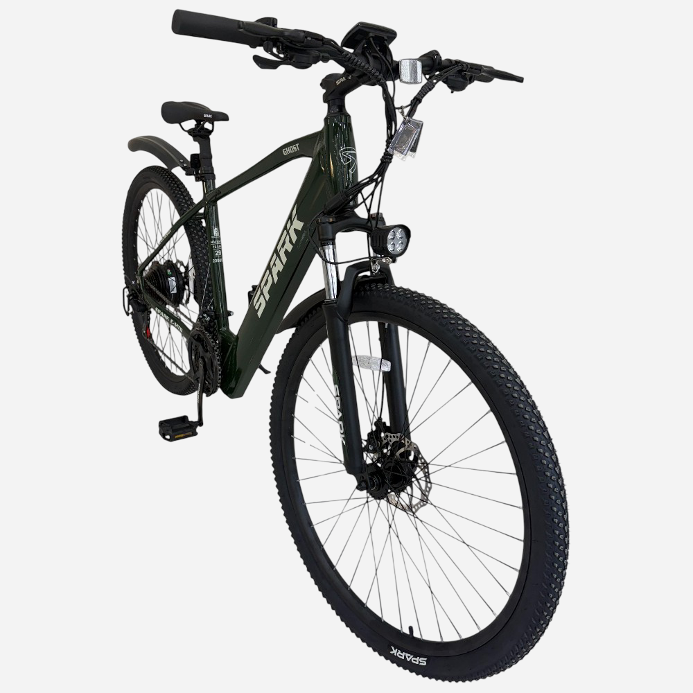 Гірський електровелосипед Spark E-MTB GHOST 29" — вид спереду, LED-фара, амортизаційна вилка Spark, дискове гальмо
