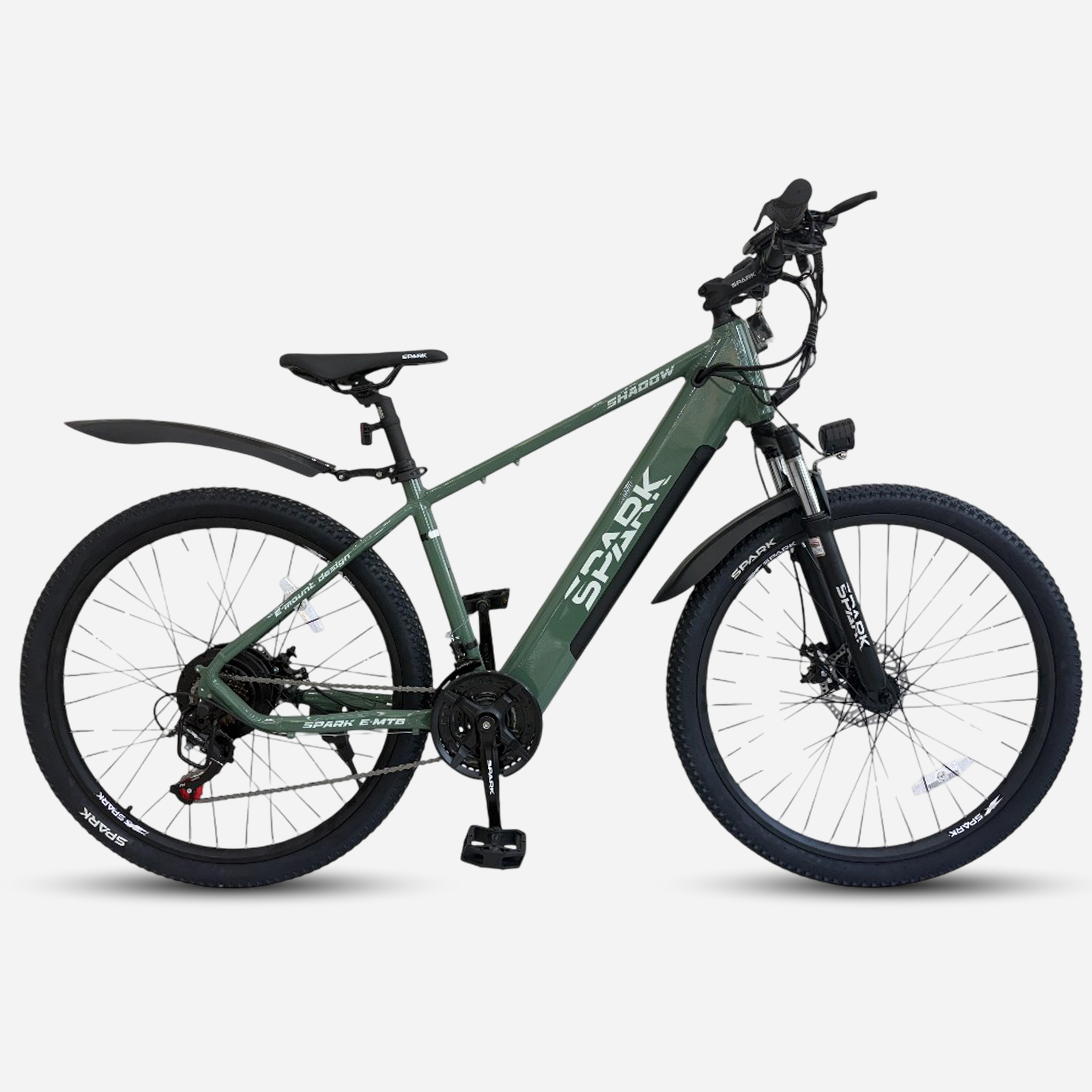 Гірський електровелосипед Spark E-MTB SHADOW 27.5" темно-зелений — вид збоку, акумулятор у рамі, крила, підніжка