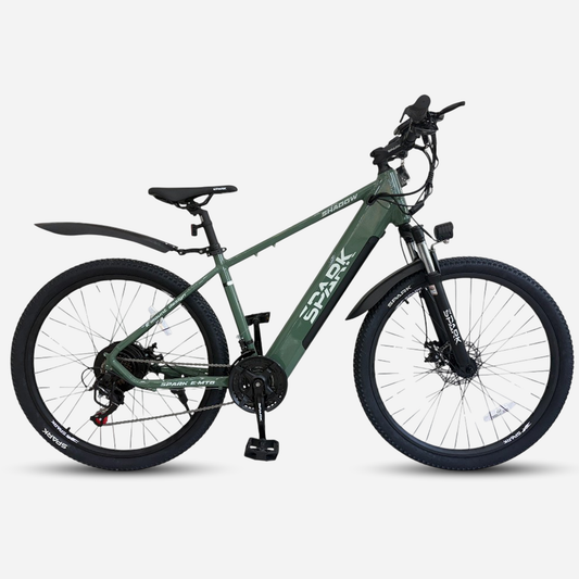 Гірський електровелосипед Spark E-MTB SHADOW 27.5" темно-зелений — вид збоку, акумулятор у рамі, крила, підніжка