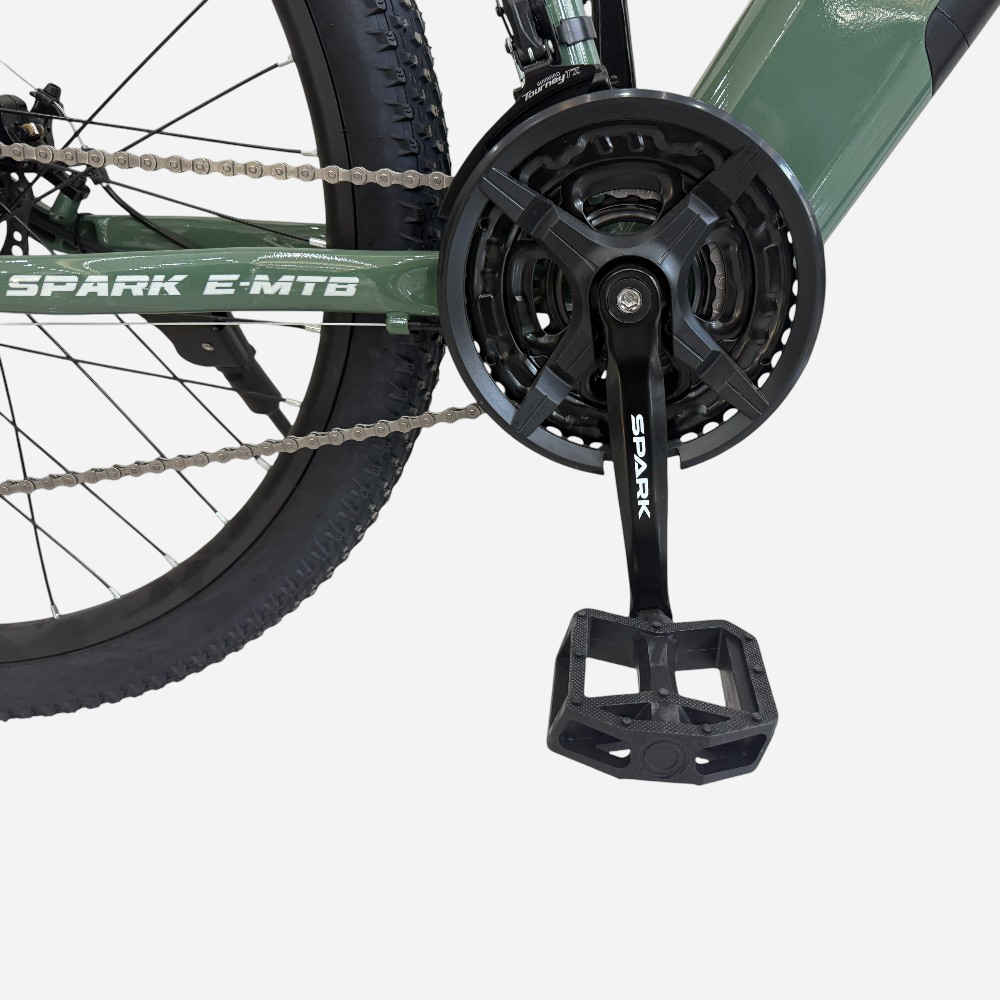 Каретка та педаль електровелосипеда Spark E-MTB SHADOW — шатун Spark, потрійна зірочка, алюмінієва рама E-MTB