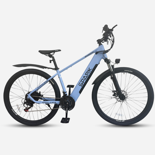 Гірський електровелосипед Spark E-MTB SHADOW 29" блакитний — вид збоку, акумулятор у рамі, крила, підніжка, дискові гальма