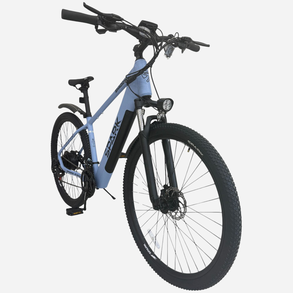 Гірський електровелосипед Spark E-MTB SHADOW 29" — вид спереду, LED-фара, амортизаційна вилка Spark, дисковий ротор 160 мм