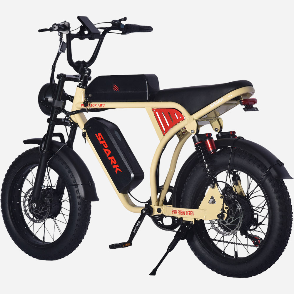 Бежевий електровелосипед SPARK PREDATOR AWD у ракурсі ззаду зліва, видно дискові гальма та амортизатори.