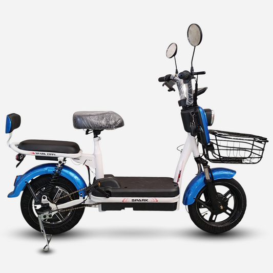 Електровелосипед SPARK ZIPPY 14" синій — вигляд збоку, два сидіння та передній кошик