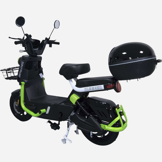Електровелосипед Spark RUNNER 16" чорно-зелений — вид ззаду-збоку, кофр Spark та зелені дуги
