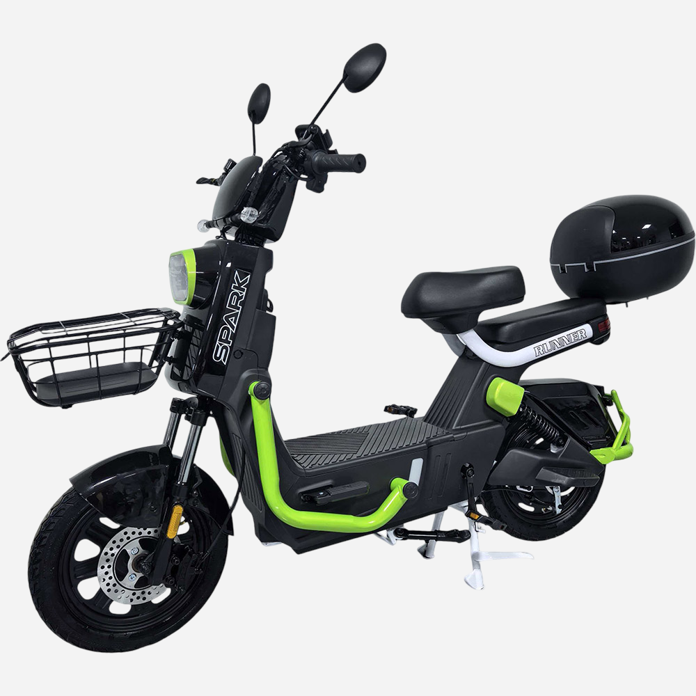 Електровелосипед Spark RUNNER 16" чорно-зелений — вид збоку зліва, дискове гальмо та кофр
