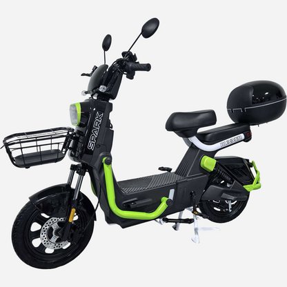 Електровелосипед Spark RUNNER 16" чорно-зелений — вид збоку зліва, дискове гальмо та кофр