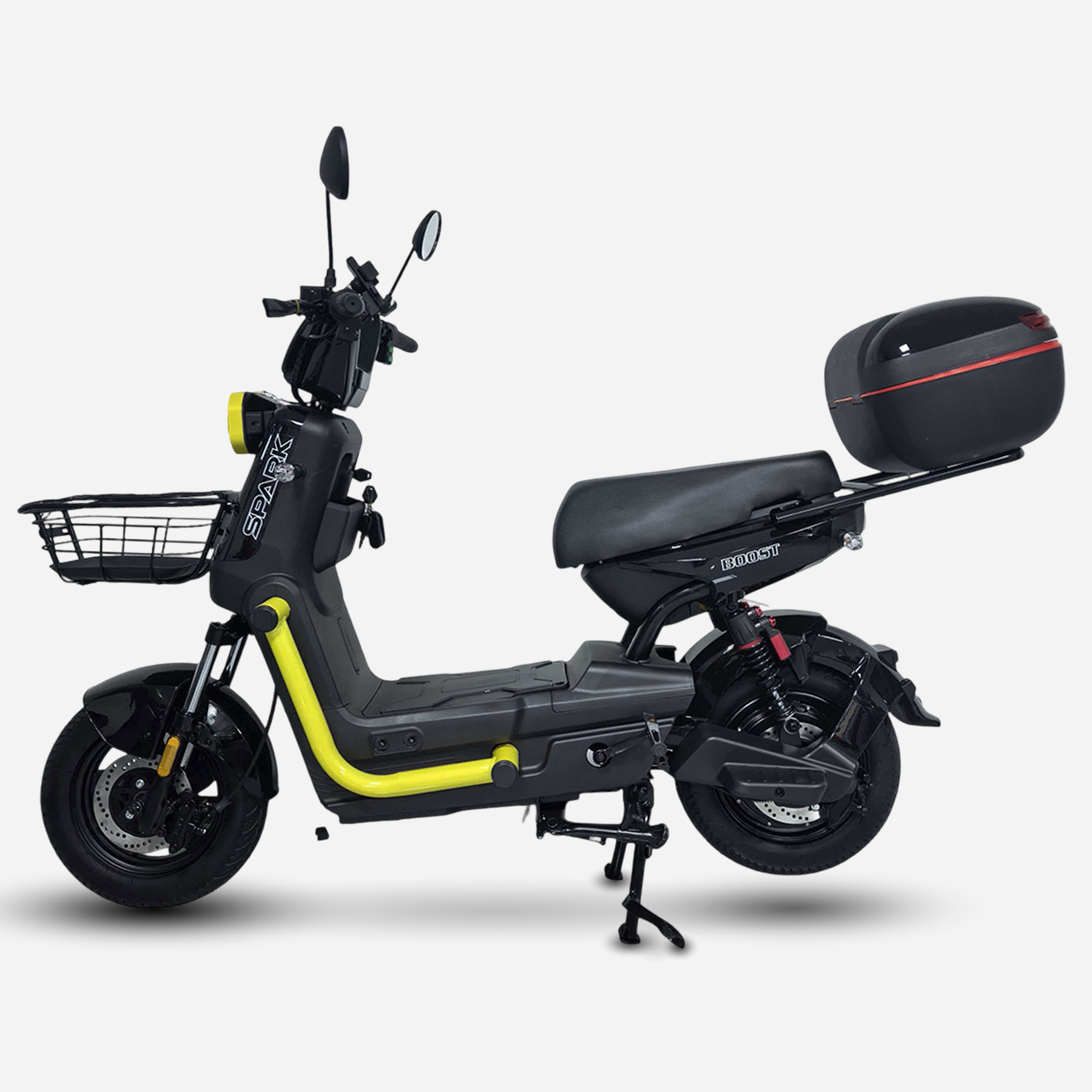 Електровелосипед SPARK BOOST 14" чорний з жовтим, вид збоку, передній кошик