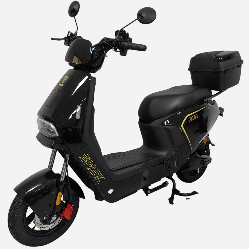 Електровелосипед SPARK RUN 14" матовий чорний, вид спереду зліва, задній кофр