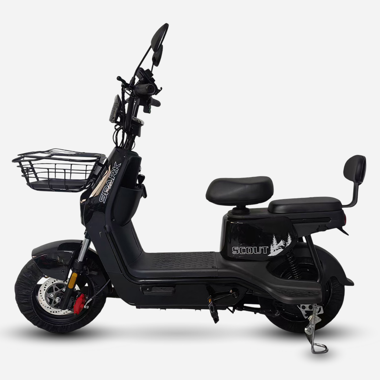 Електровелосипед SPARK SCOUT 14" чорний, вид збоку, передній кошик та пасажирське сидіння