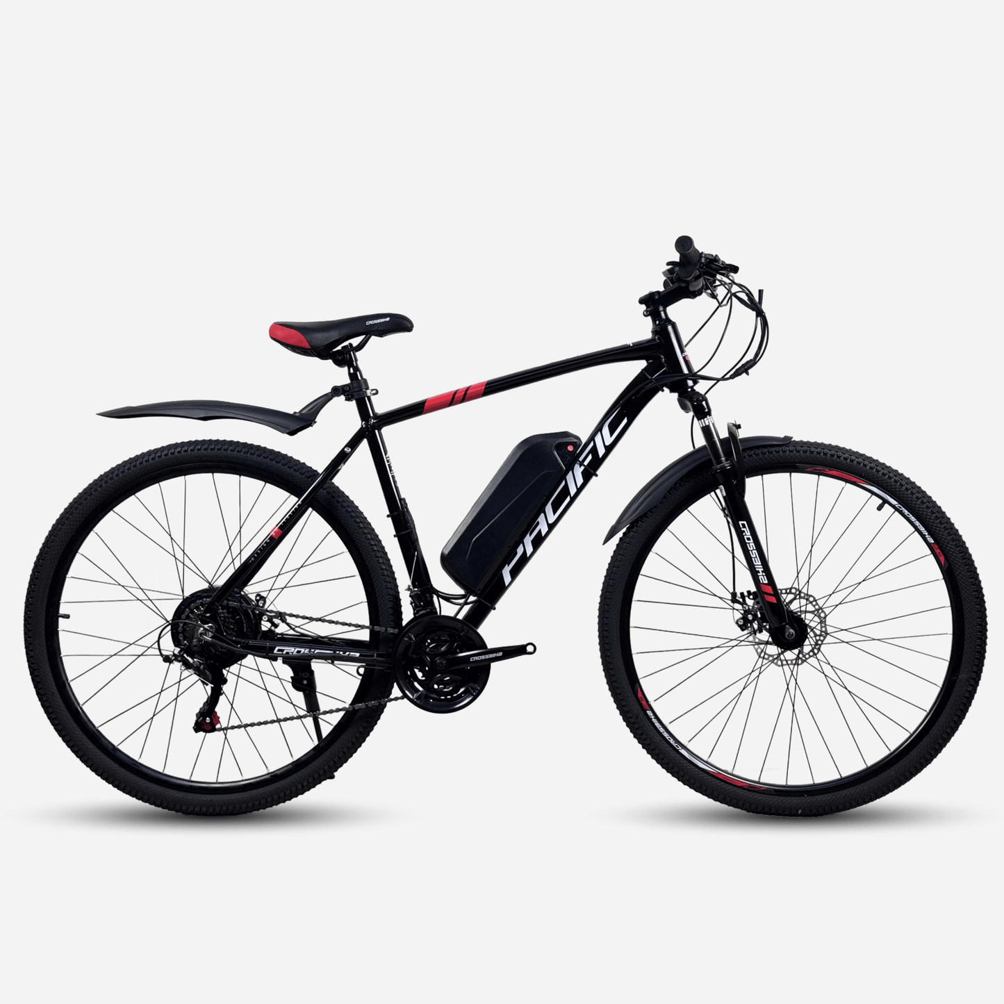 Електровелосипед Crossbike Pacific 29" чорний з червоним, вид справа, акумулятор на рамі