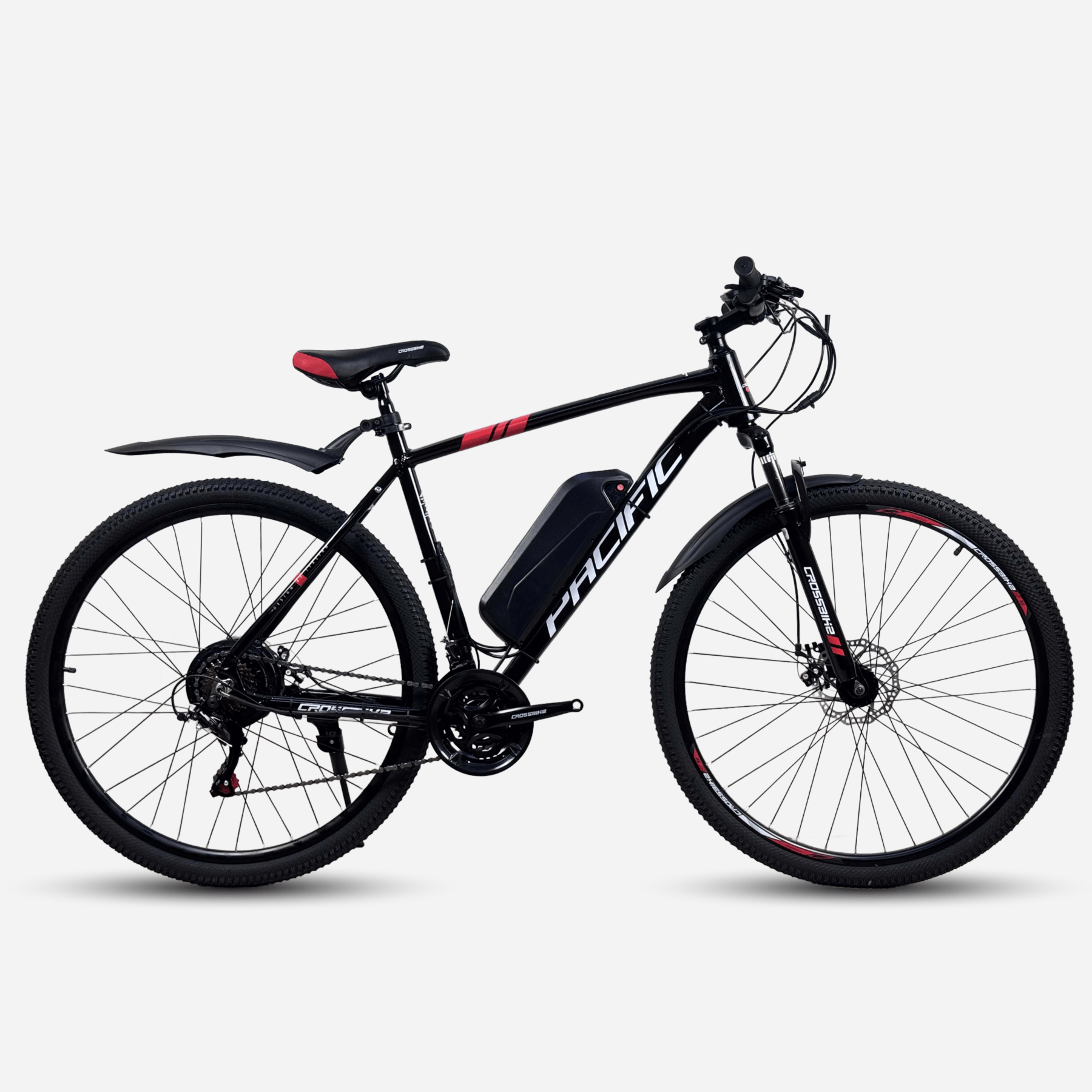 Електровелосипед Crossbike Pacific 29" чорний з червоним, вид справа, акумулятор на рамі