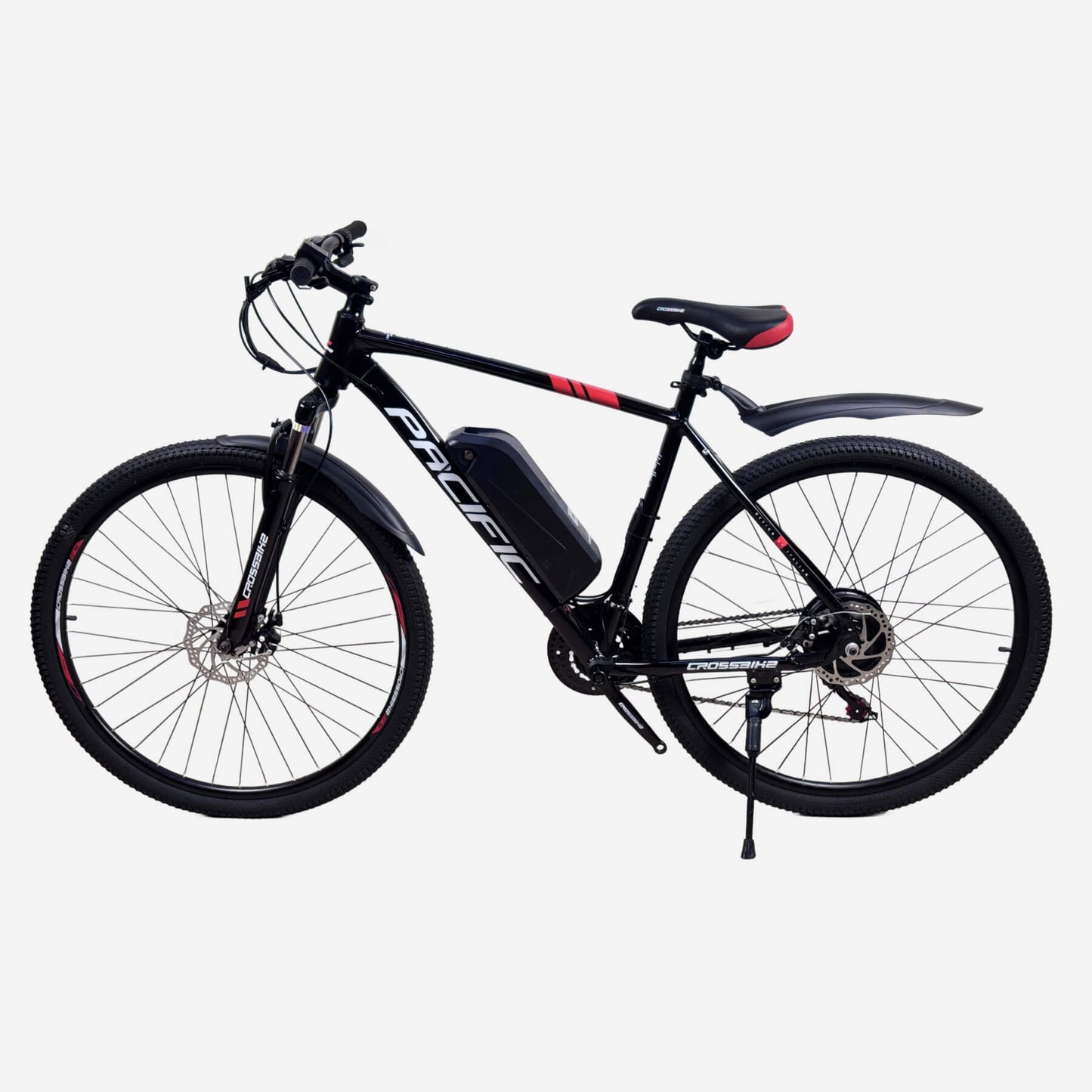 Електровелосипед Crossbike Pacific 29" чорний з червоним, вид зліва, підніжка