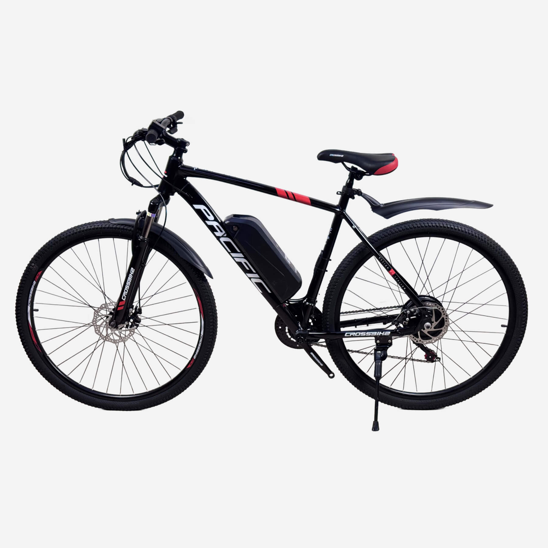 Електровелосипед Crossbike Pacific 29" чорний з червоним, вид зліва, підніжка