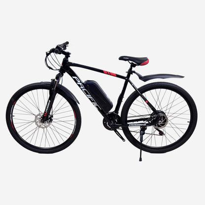 Електровелосипед Crossbike Pacific 29" чорний з червоним, вид зліва, підніжка