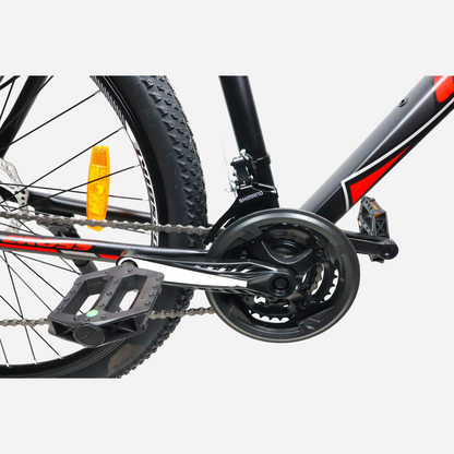 Система шатунів Cross Hunter 29" з потрійною зірочкою Shimano, ланцюг, педаль, протекторна покришка, алюмінієва рама з червоним декором