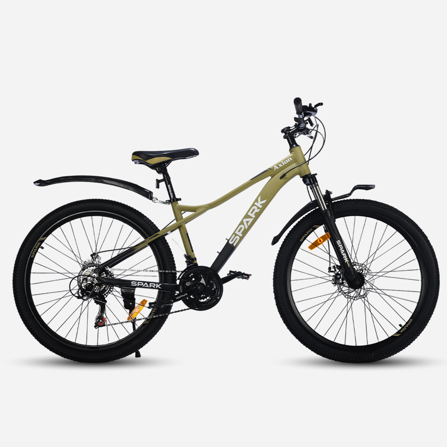 Гірський велосипед Spark AXION 26" алюмінієва рама 15" — вид збоку, колір хакі з чорним, крила в комплекті