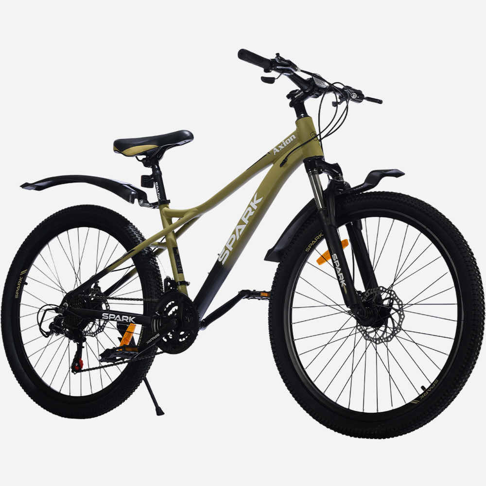 Гірський велосипед Spark AXION 26" алюмінієва рама 15" — вид спереду справа, напис AXION на рамі та дискові гальма 160 мм