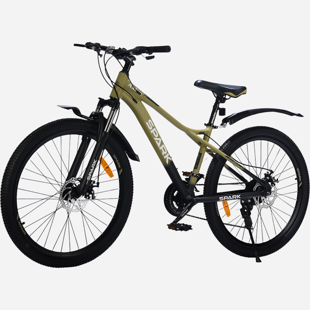 Гірський велосипед Spark AXION 26" алюмінієва рама 15" — вид спереду зліва, амортизаційна вилка Spark та дисковий ротор