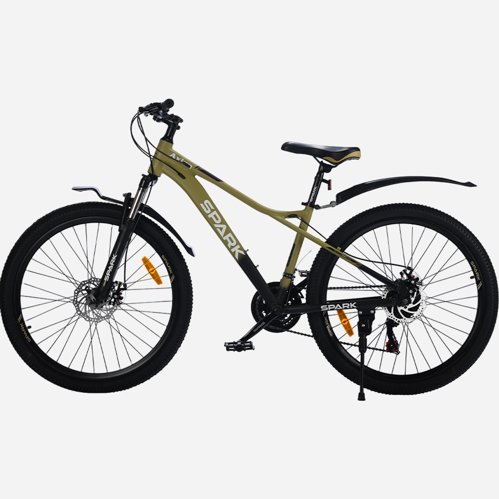 Гірський велосипед Spark AXION 26" алюмінієва рама 15" — вид зліва, задній перемикач Shimano, підніжка та широкі покришки 26×2.35
