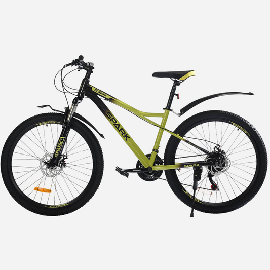 Гірський велосипед Spark ECLIPSE 26" салатовий з чорним, лівий бік — трансмісія Shimano 21 швидкість, дискове гальмо, заднє крило, підніжка, широкі покришки 26×2.35