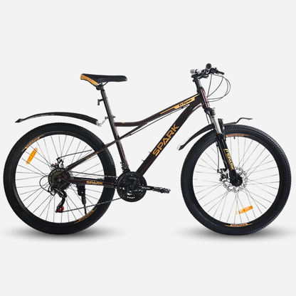 Гірський велосипед Spark ECLIPSE 26" сталева рама 15" чорний із золотим, правий бік — трансмісія Shimano, дискове гальмо, заднє крило, підніжка, широкі покришки 26×2.35