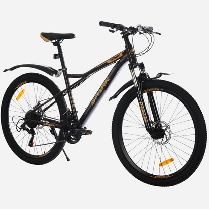 Гірський велосипед Spark ECLIPSE 26" чорний із золотим, вид збоку зліва — амортизаційна вилка Spark, дискові гальма, пластикові крила, трансмісія Shimano 21 швидкість, підніжка