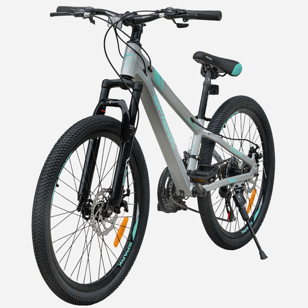 Гірський велосипед Spark FLEX 24" алюмінієва рама 11" — вид спереду збоку, дискові гальма 160 мм