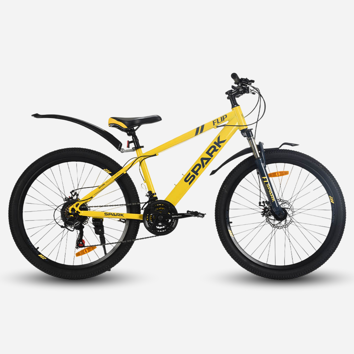 Гірський велосипед Spark FLIP 26" сталева рама 15" жовтий, вид збоку справа — амортизаційна вилка, дискові гальма, пластикові крила, підніжка, сідло з жовтими акцентами