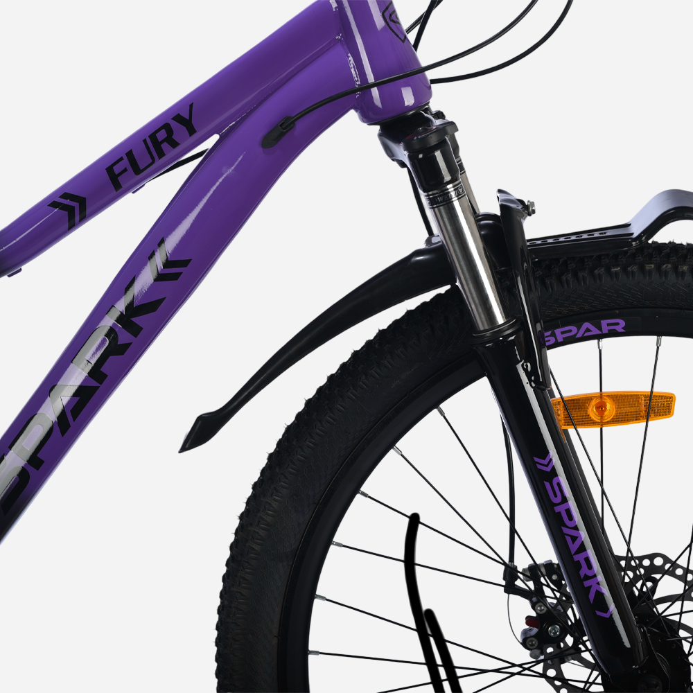 Spark FURY 26" — амортизаційна вилка Spark, напис FURY на фіолетовій рамі та дисковий ротор