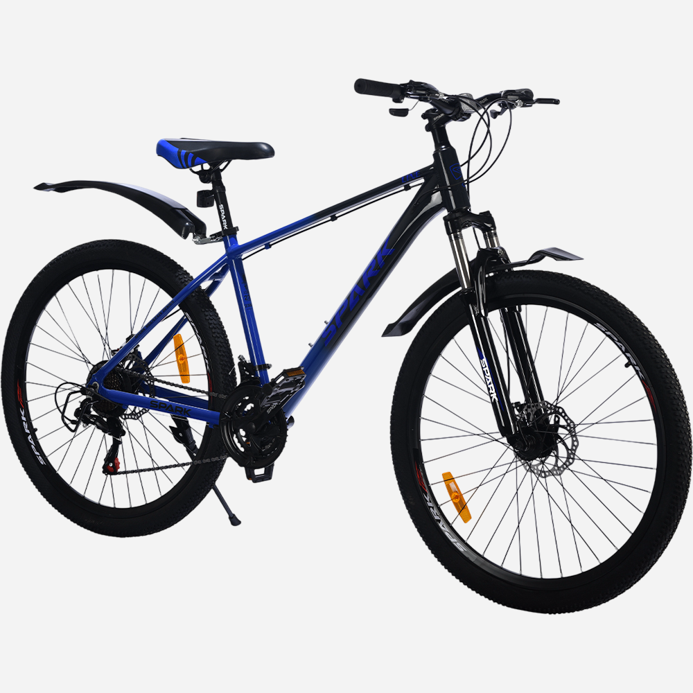 Spark LINE 27.5" MTB синьо-чорний, вид спереду, дискові гальма 160 мм, підніжка
