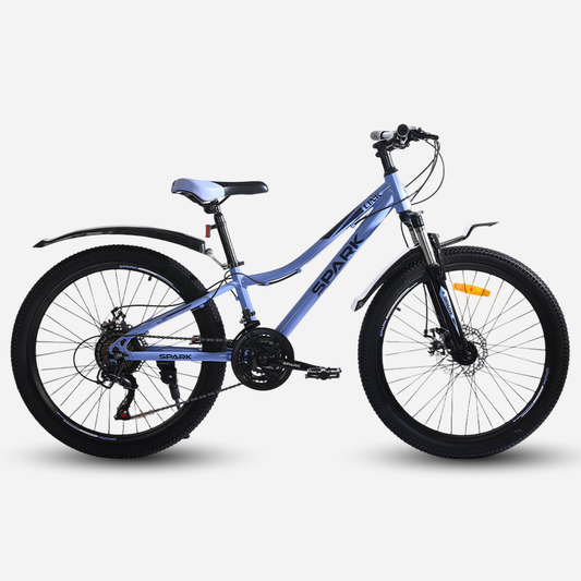 Гірський велосипед Spark LINK 24" сталева рама 11" лавандовий, вид збоку справа — дискові гальма, амортизаційна вилка, пластикові крила, перемикач Shimano