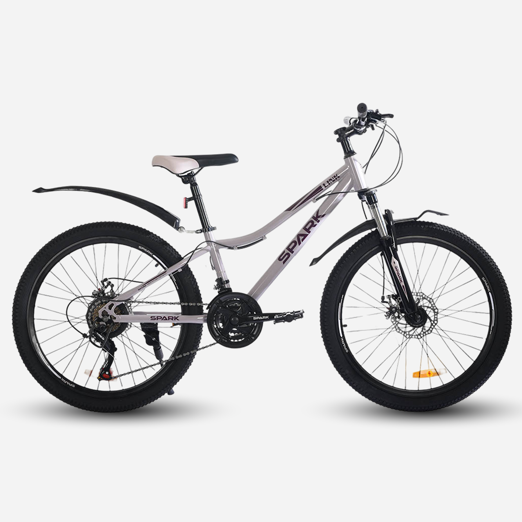 Гірський велосипед Spark LINK 24" сталева рама 12" світло-бузковий, вид збоку справа — дискові гальма, амортизаційна вилка, пластикові крила, перемикач Shimano